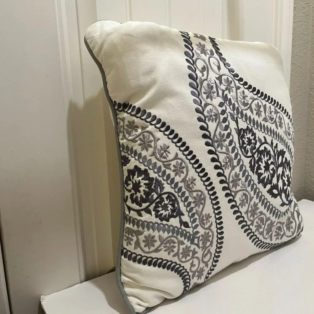 Harbor House Stella White Navy Paisley Embroidered Square Bed Throw Pillow 17X17